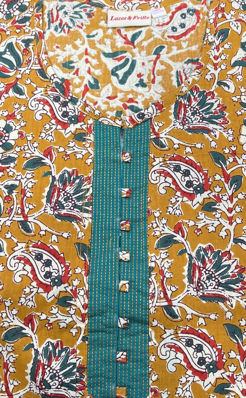 Mustard/Sea Green Garden Pure Cotton Nighty. Pure Durable Cotton | Laces and Frills - Laces and Frills