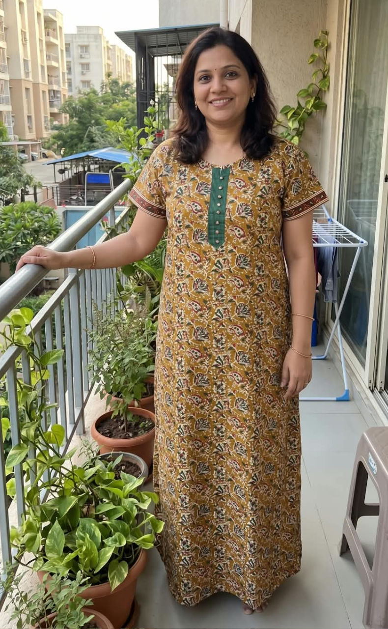 Mustard/Sea Green Garden Pure Cotton Nighty. Pure Durable Cotton | Laces and Frills