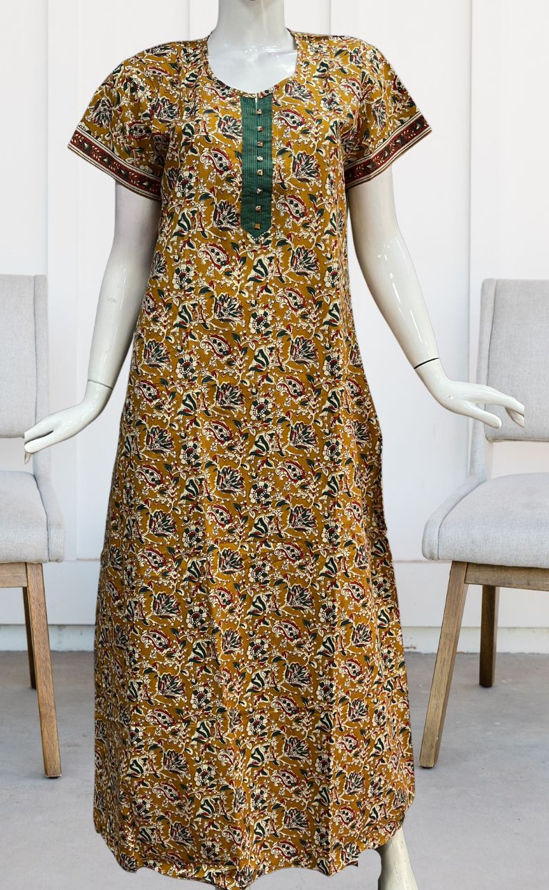 Mustard/Sea Green Garden Pure Cotton Nighty. Pure Durable Cotton | Laces and Frills - Laces and Frills