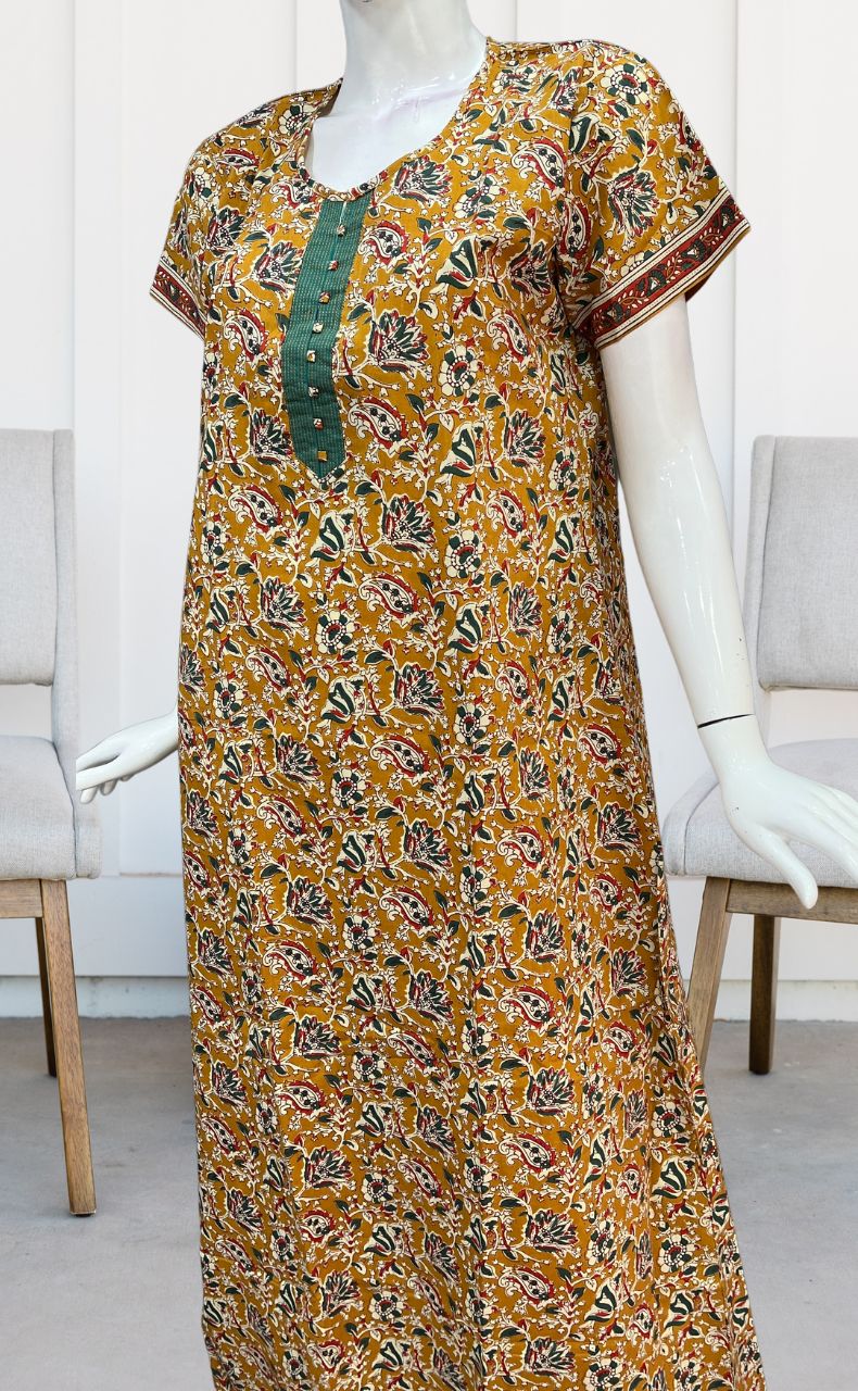 Mustard/Sea Green Garden Pure Cotton Nighty. Pure Durable Cotton | Laces and Frills - Laces and Frills