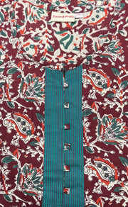 Maroon/Sea Green Garden Pure Cotton Nighty. Pure Durable Cotton | Laces and Frills - Laces and Frills