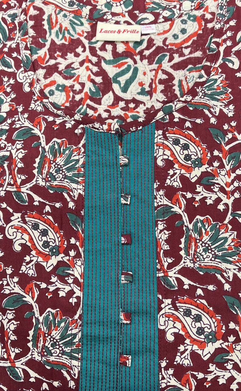 Maroon/Sea Green Garden Pure Cotton Nighty. Pure Durable Cotton | Laces and Frills - Laces and Frills