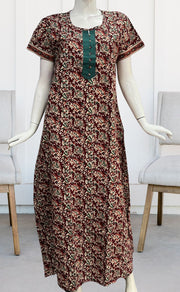 Maroon/Sea Green Garden Pure Cotton Nighty. Pure Durable Cotton | Laces and Frills - Laces and Frills