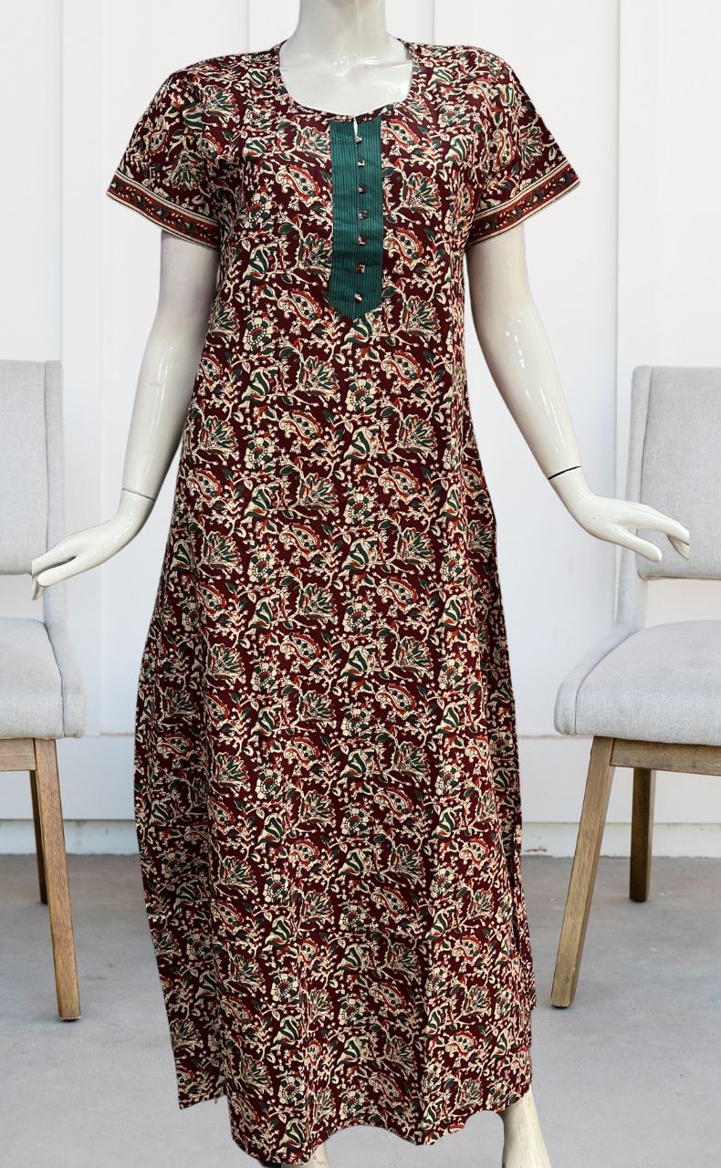 Maroon/Sea Green Garden Pure Cotton Nighty. Pure Durable Cotton | Laces and Frills - Laces and Frills
