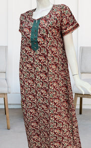 Maroon/Sea Green Garden Pure Cotton Nighty. Pure Durable Cotton | Laces and Frills - Laces and Frills