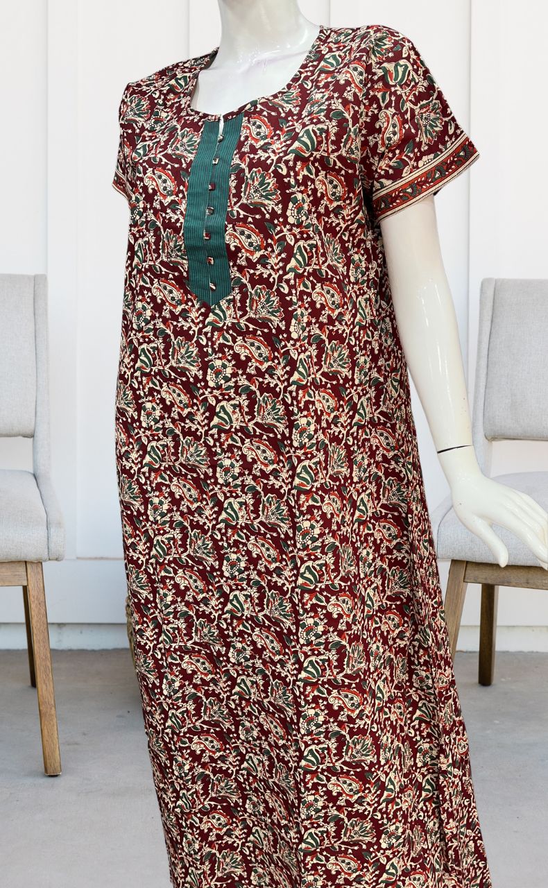 Maroon/Sea Green Garden Pure Cotton Nighty. Pure Durable Cotton | Laces and Frills - Laces and Frills