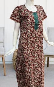 Maroon/Sea Green Garden Pure Cotton Nighty. Pure Durable Cotton | Laces and Frills - Laces and Frills