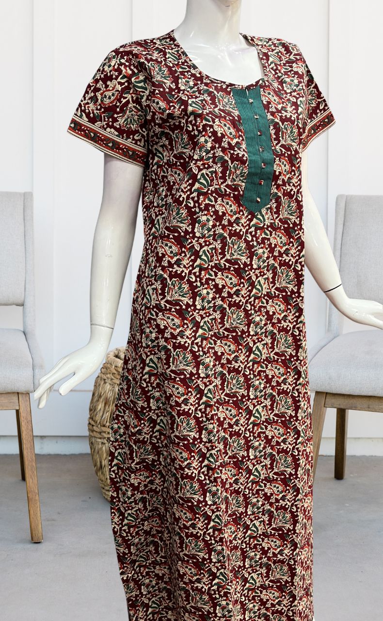 Maroon/Sea Green Garden Pure Cotton Nighty. Pure Durable Cotton | Laces and Frills - Laces and Frills