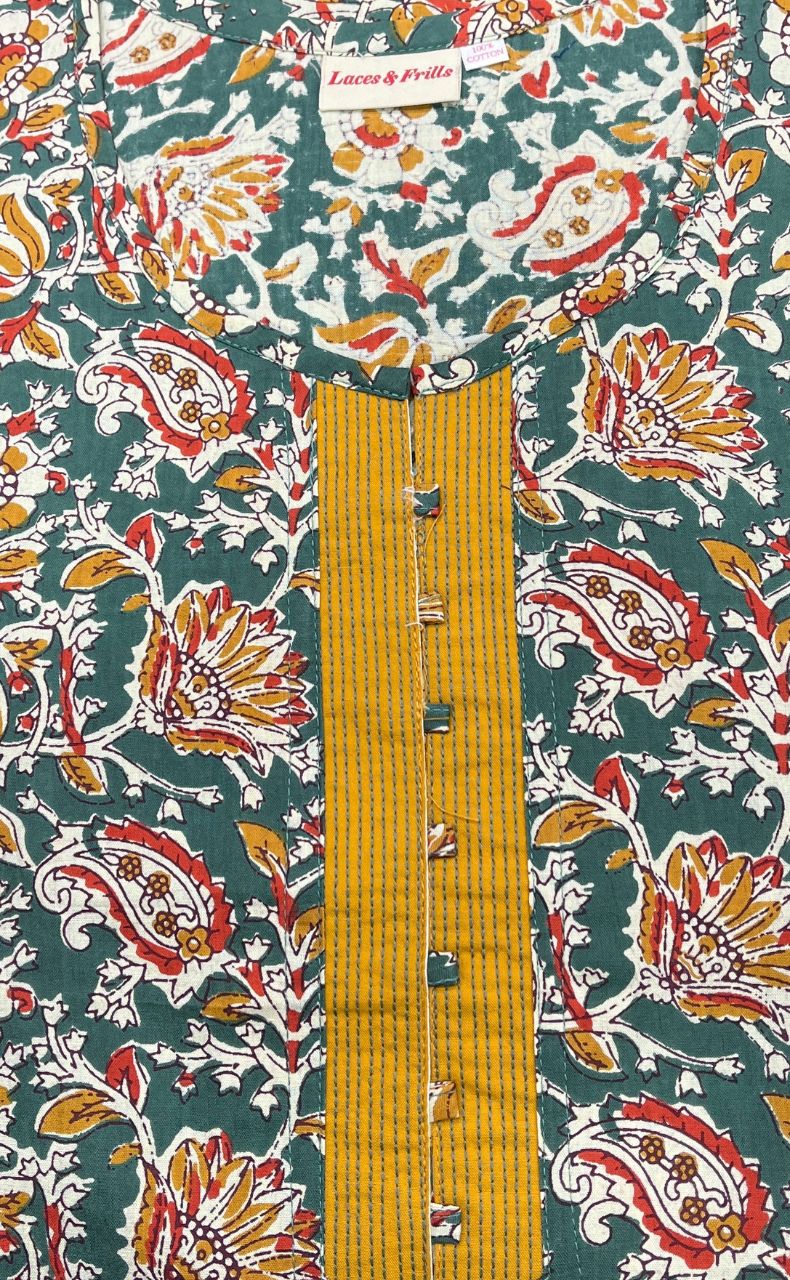 Sea Green/Mustard Garden Pure Cotton Nighty. Pure Durable Cotton | Laces and Frills - Laces and Frills