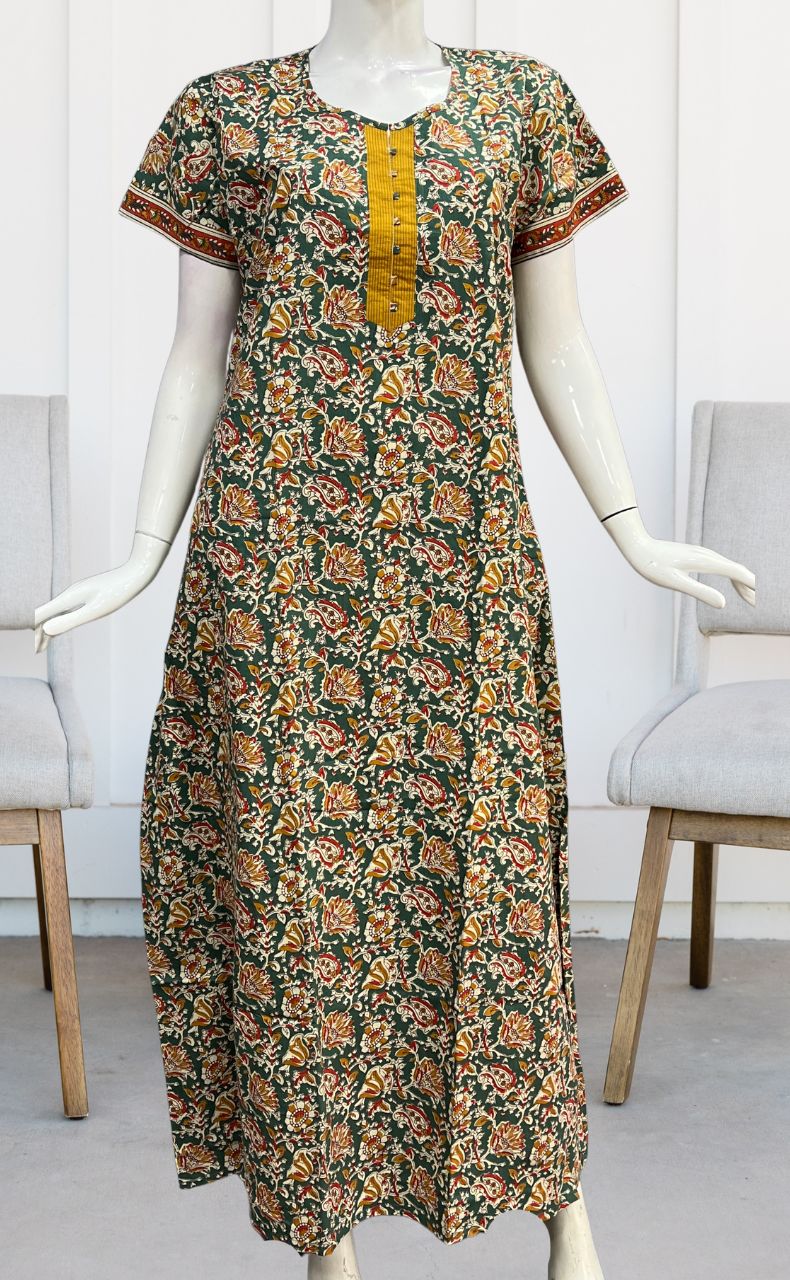 Sea Green/Mustard Garden Pure Cotton Nighty. Pure Durable Cotton | Laces and Frills - Laces and Frills