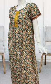 Sea Green/Mustard Garden Pure Cotton Nighty. Pure Durable Cotton | Laces and Frills - Laces and Frills