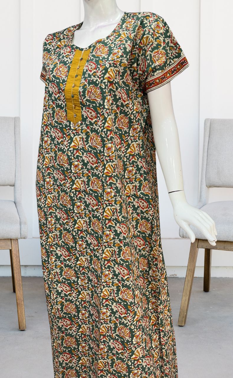 Sea Green/Mustard Garden Pure Cotton Nighty. Pure Durable Cotton | Laces and Frills - Laces and Frills