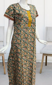 Sea Green/Mustard Garden Pure Cotton Nighty. Pure Durable Cotton | Laces and Frills - Laces and Frills