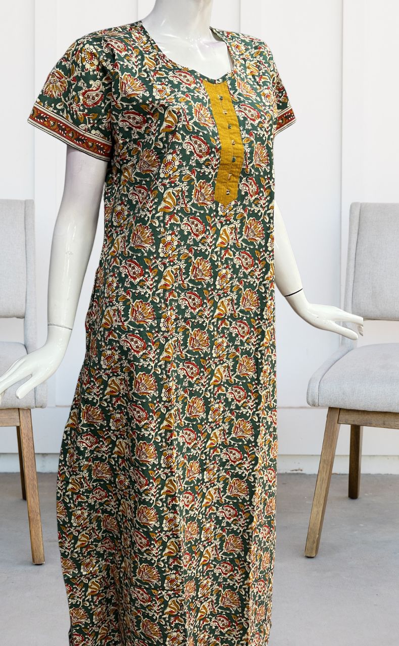 Sea Green/Mustard Garden Pure Cotton Nighty. Pure Durable Cotton | Laces and Frills - Laces and Frills