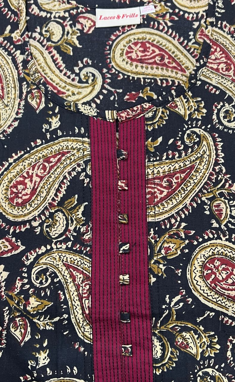 Black/Maroon Manga Motif Pure Cotton Nighty. Pure Durable Cotton | Laces and Frills - Laces and Frills