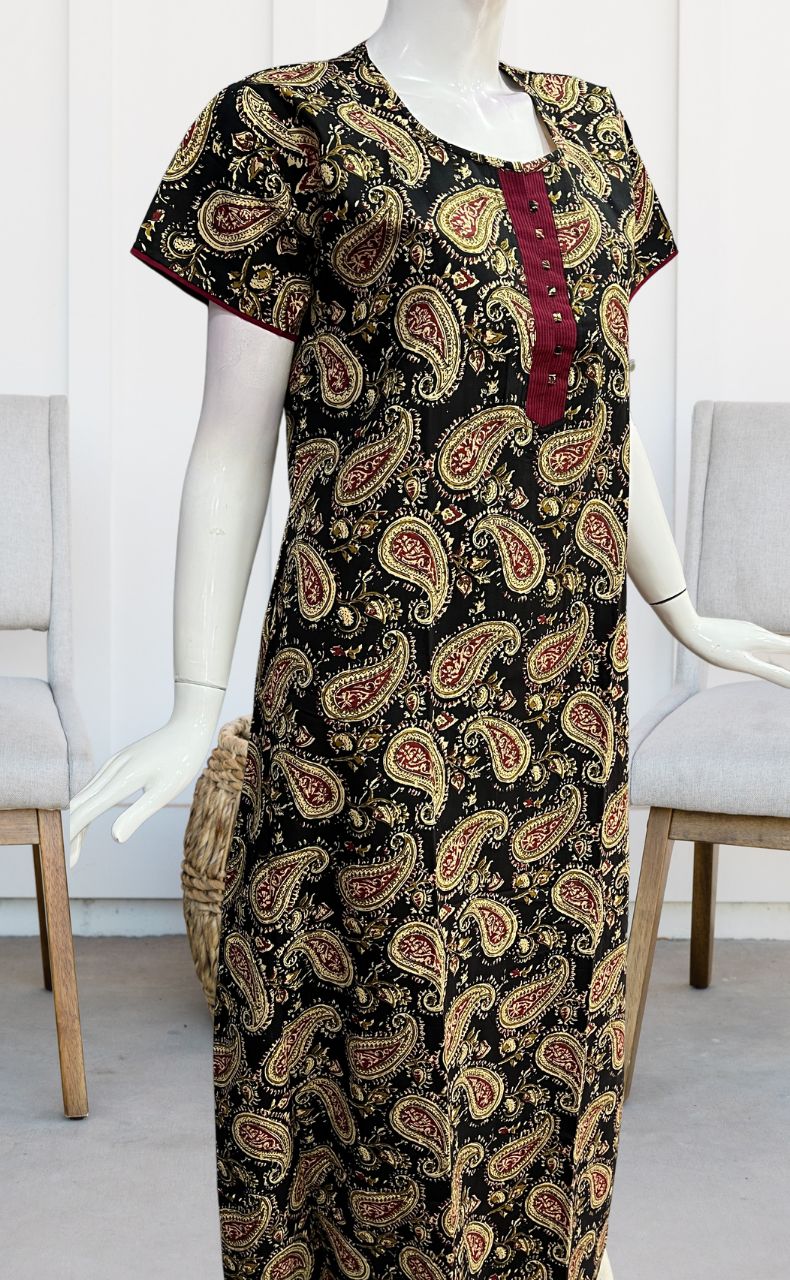 Black/Maroon Manga Motif Pure Cotton Nighty. Pure Durable Cotton | Laces and Frills - Laces and Frills
