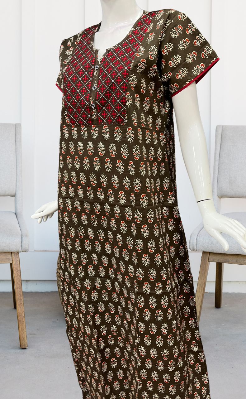 Brown/Red Floral Pure Cotton Nighty. Pure Durable Cotton | Laces and Frills - Laces and Frills