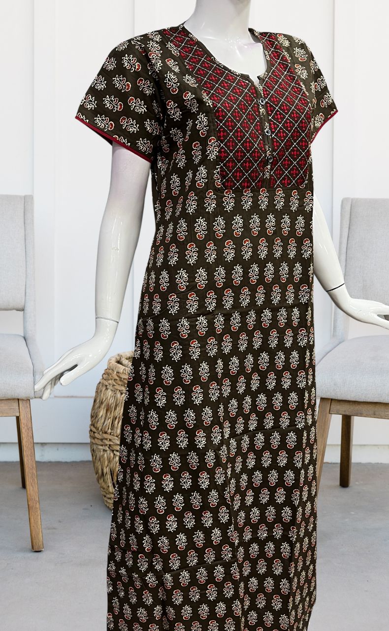 Brown/Red Floral Pure Cotton Nighty. Pure Durable Cotton | Laces and Frills - Laces and Frills