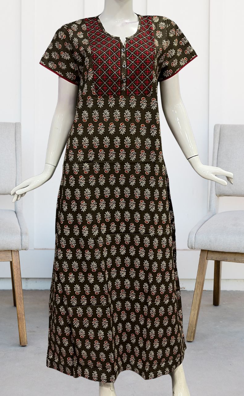 Brown/Red Floral Pure Cotton Nighty. Pure Durable Cotton | Laces and Frills - Laces and Frills