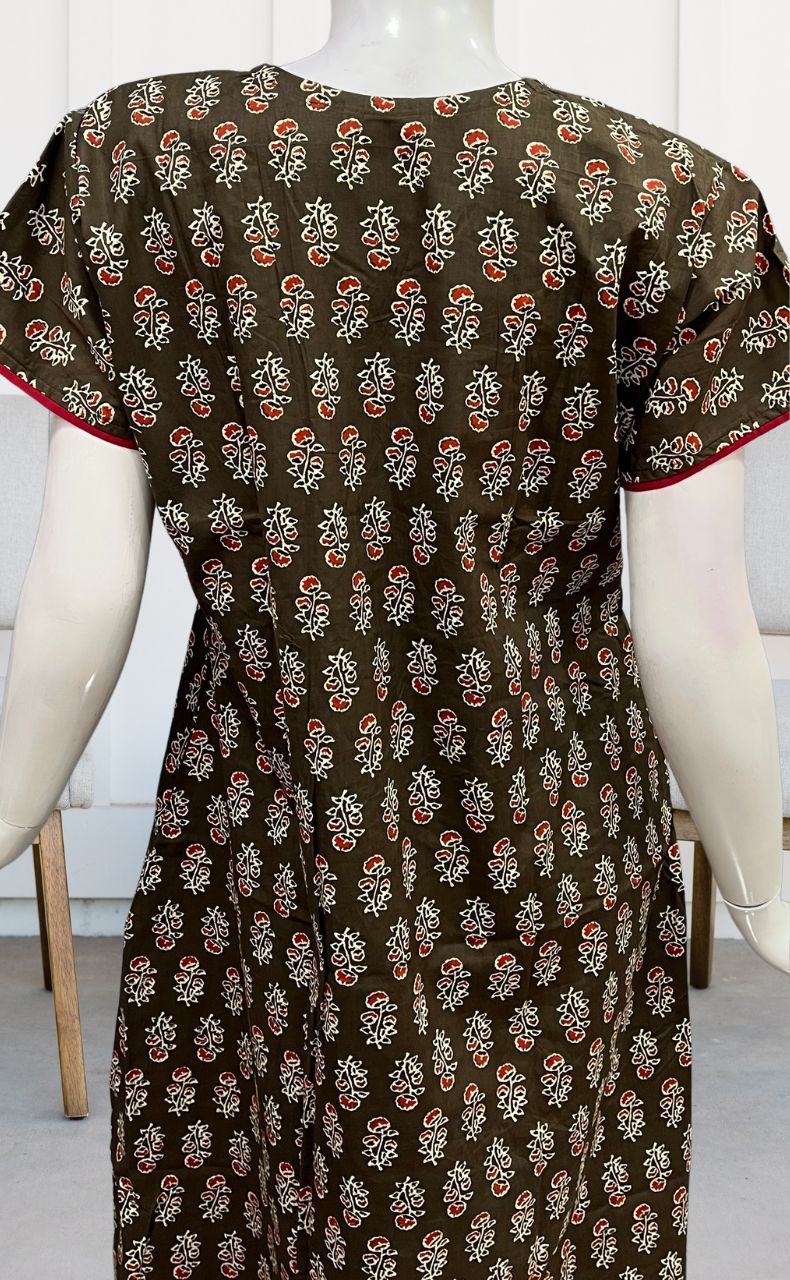 Brown/Red Floral Pure Cotton Nighty. Pure Durable Cotton | Laces and Frills - Laces and Frills