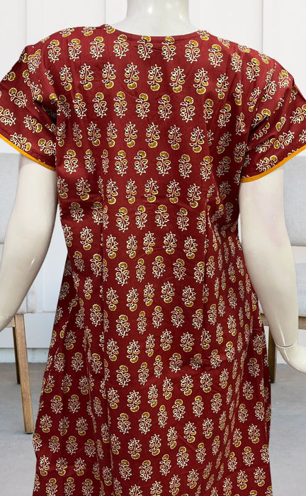 Maroon/Mustard Floral Pure Cotton Nighty. Pure Durable Cotton | Laces and Frills - Laces and Frills