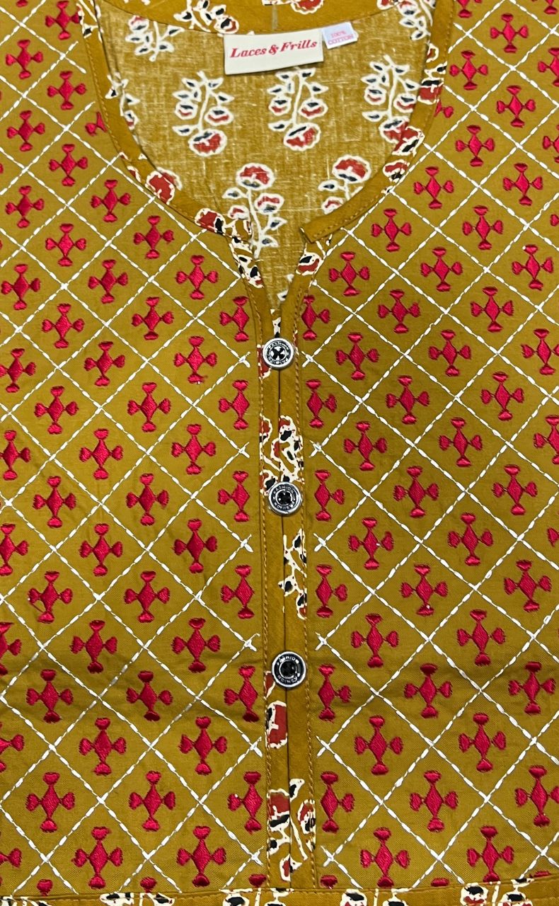 Mustard/Red Floral Pure Cotton Nighty. Pure Durable Cotton | Laces and Frills - Laces and Frills