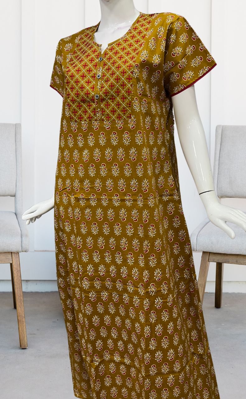 Mustard/Red Floral Pure Cotton Nighty. Pure Durable Cotton | Laces and Frills - Laces and Frills
