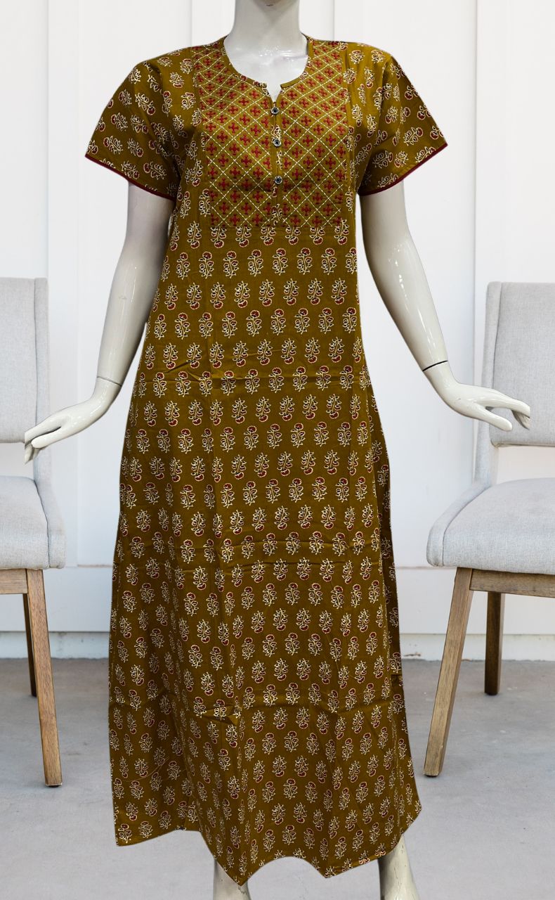 Mustard/Red Floral Pure Cotton Nighty. Pure Durable Cotton | Laces and Frills - Laces and Frills