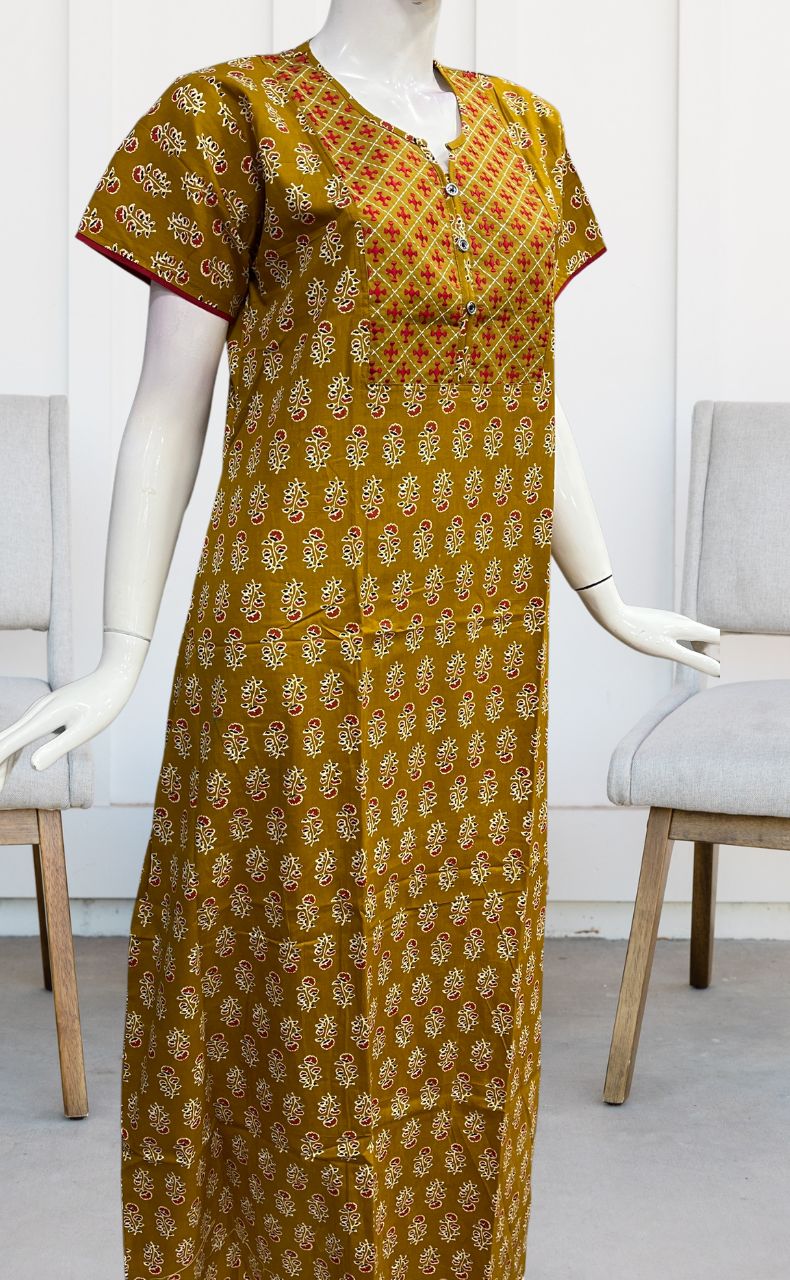Mustard/Red Floral Pure Cotton Nighty. Pure Durable Cotton | Laces and Frills - Laces and Frills