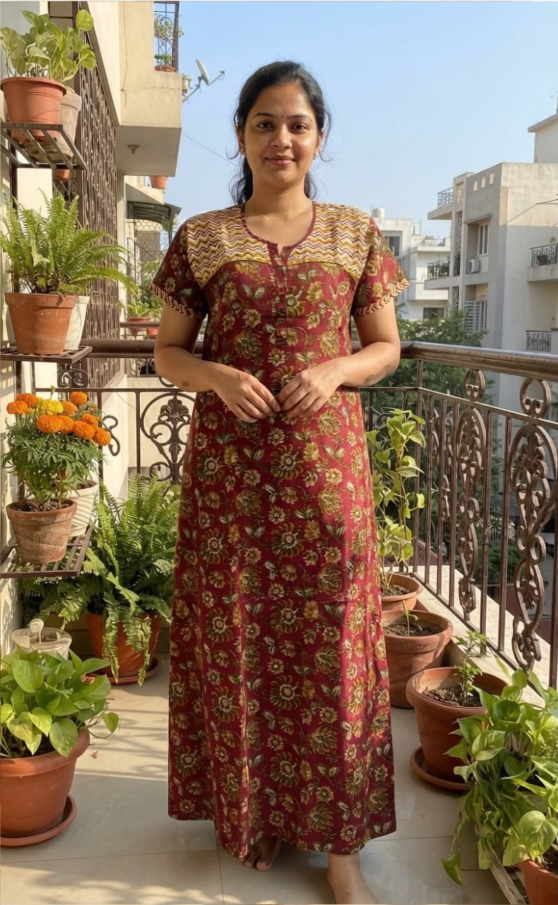 Maroon/Yellow Kalamkari Pure Cotton Nighty. Pure Durable Cotton | Laces and Frills