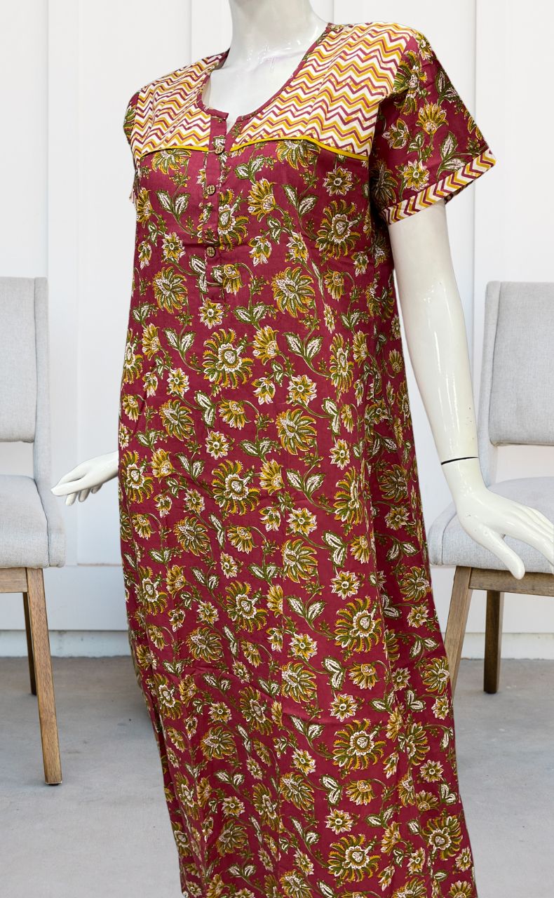 Maroon/Yellow Kalamkari Pure Cotton Nighty. Pure Durable Cotton | Laces and Frills - Laces and Frills