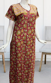 Maroon/Yellow Kalamkari Pure Cotton Nighty. Pure Durable Cotton | Laces and Frills - Laces and Frills