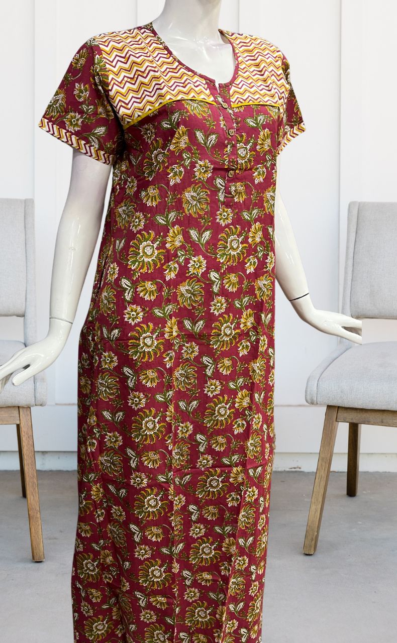 Maroon/Yellow Kalamkari Pure Cotton Nighty. Pure Durable Cotton | Laces and Frills - Laces and Frills