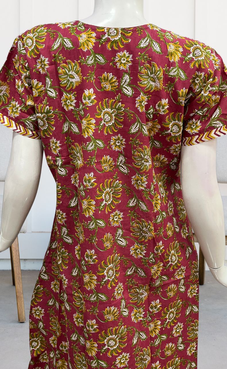 Maroon/Yellow Kalamkari Pure Cotton Nighty. Pure Durable Cotton | Laces and Frills - Laces and Frills