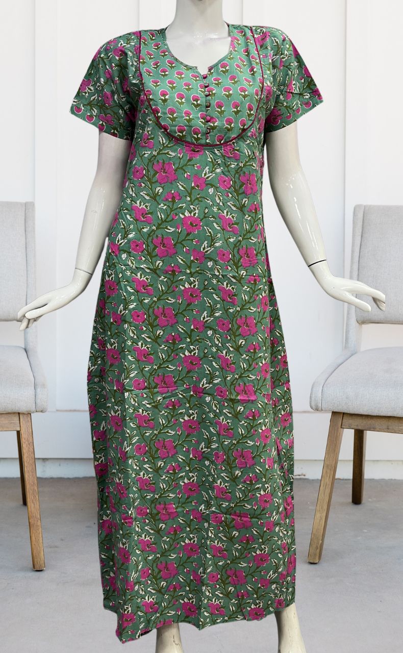 Green/Pink Garden Pure Cotton Nighty. Pure Durable Cotton | Laces and Frills - Laces and Frills