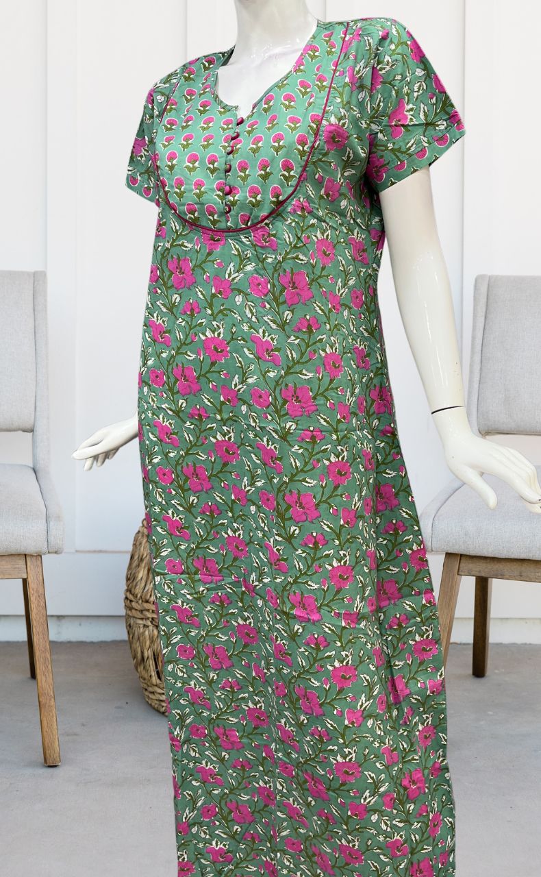 Green/Pink Garden Pure Cotton Nighty. Pure Durable Cotton | Laces and Frills - Laces and Frills