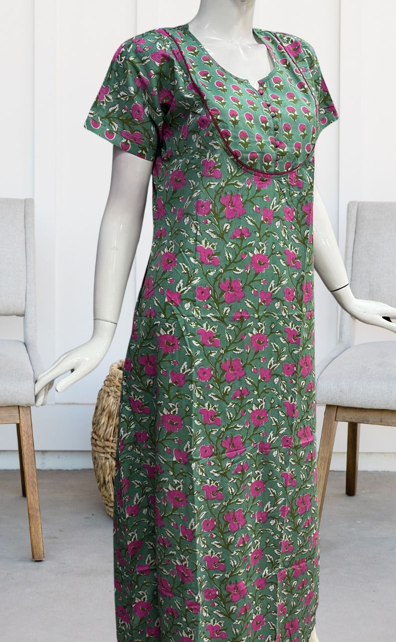 Green/Pink Garden Pure Cotton Nighty. Pure Durable Cotton | Laces and Frills - Laces and Frills