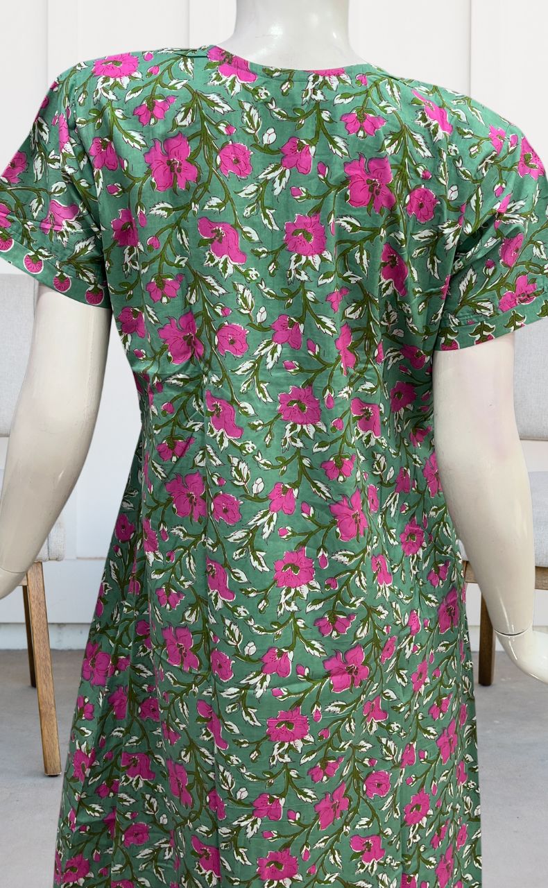 Green/Pink Garden Pure Cotton Nighty. Pure Durable Cotton | Laces and Frills - Laces and Frills