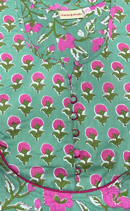 Green/Pink Garden Pure Cotton Nighty. Pure Durable Cotton | Laces and Frills - Laces and Frills