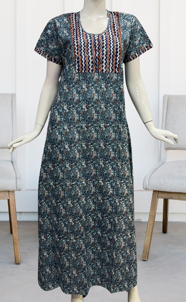 Grey/Blue Floral Pure Cotton Nighty. Pure Durable Cotton | Laces and Frills - Laces and Frills