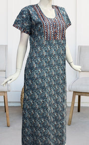 Grey/Blue Floral Pure Cotton Nighty. Pure Durable Cotton | Laces and Frills - Laces and Frills