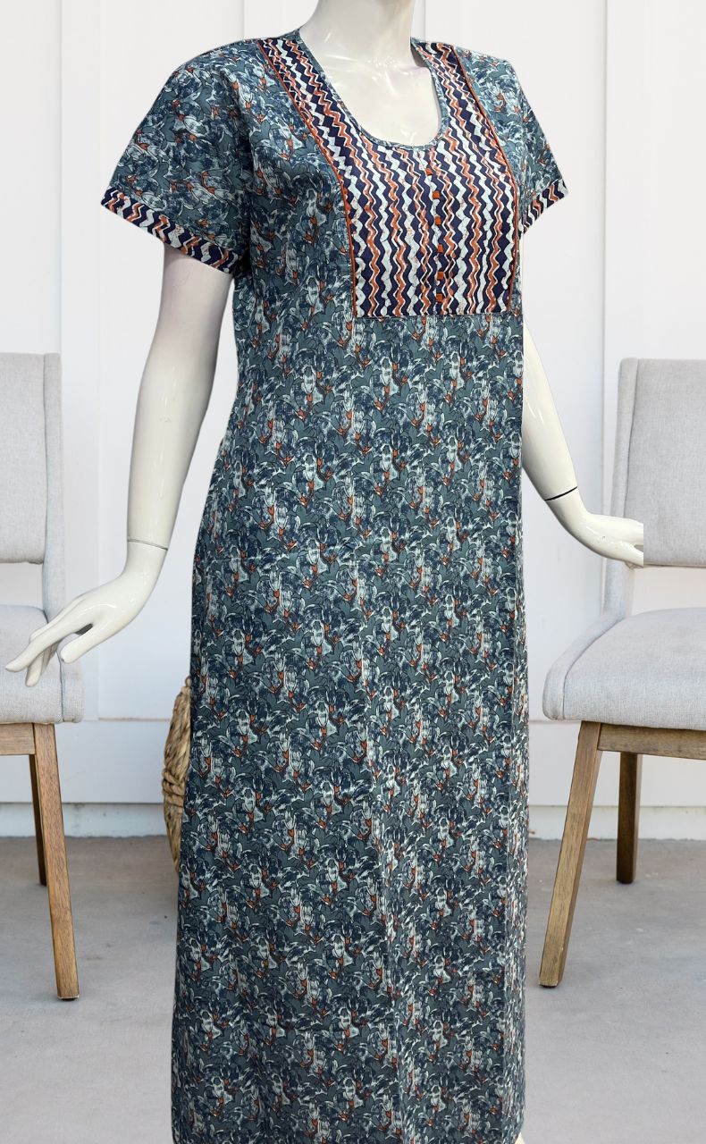 Grey/Blue Floral Pure Cotton Nighty. Pure Durable Cotton | Laces and Frills - Laces and Frills