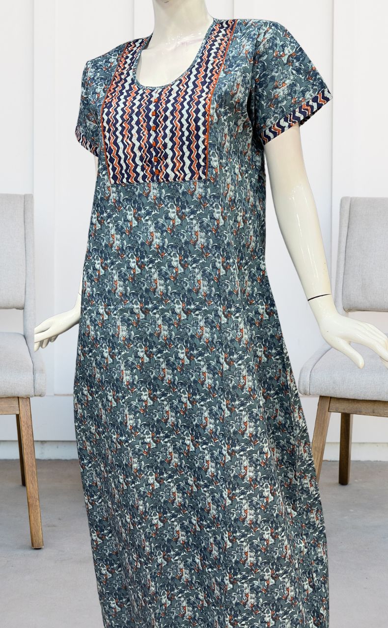 Grey/Blue Floral Pure Cotton Nighty. Pure Durable Cotton | Laces and Frills - Laces and Frills