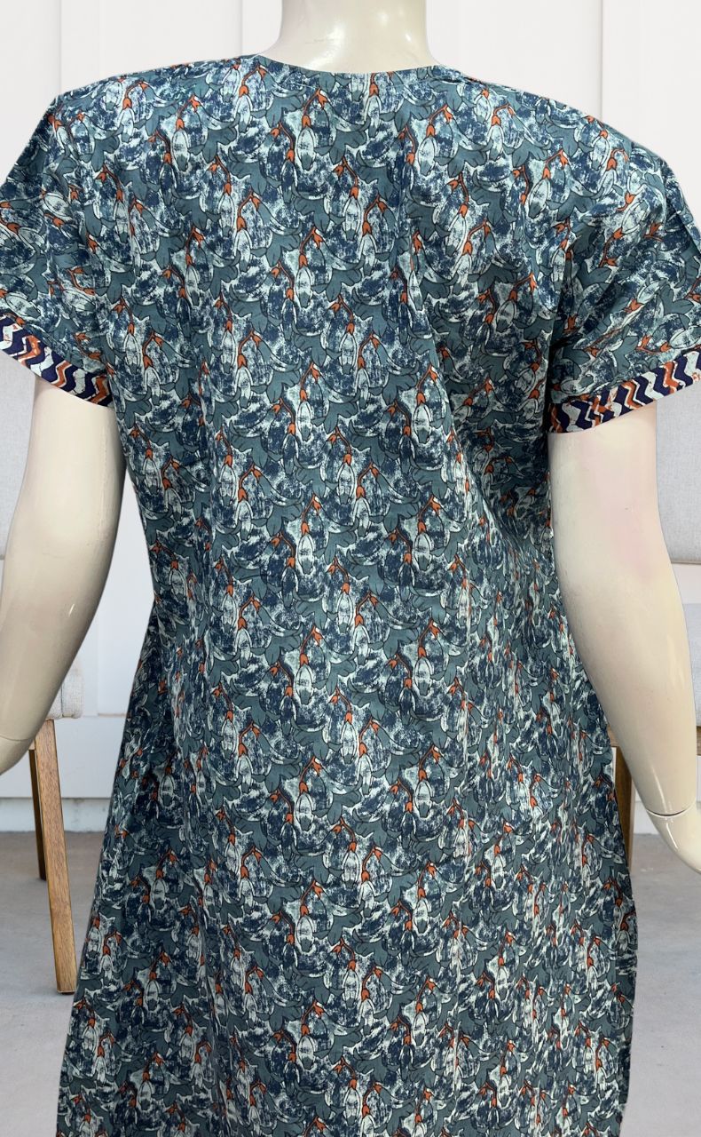 Grey/Blue Floral Pure Cotton Nighty. Pure Durable Cotton | Laces and Frills - Laces and Frills