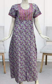 Light Blue/Purple Floral Pure Cotton Nighty. Pure Durable Cotton | Laces and Frills - Laces and Frills