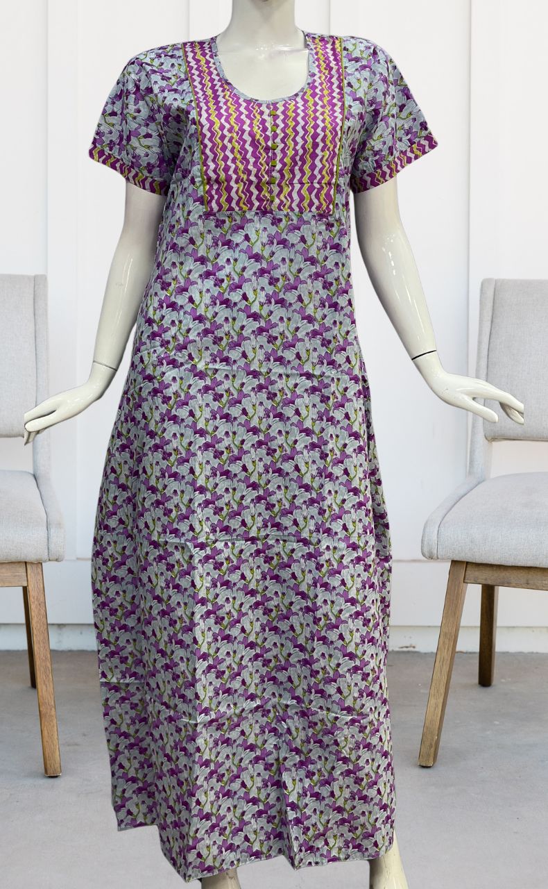 Light Blue/Purple Floral Pure Cotton Nighty. Pure Durable Cotton | Laces and Frills - Laces and Frills