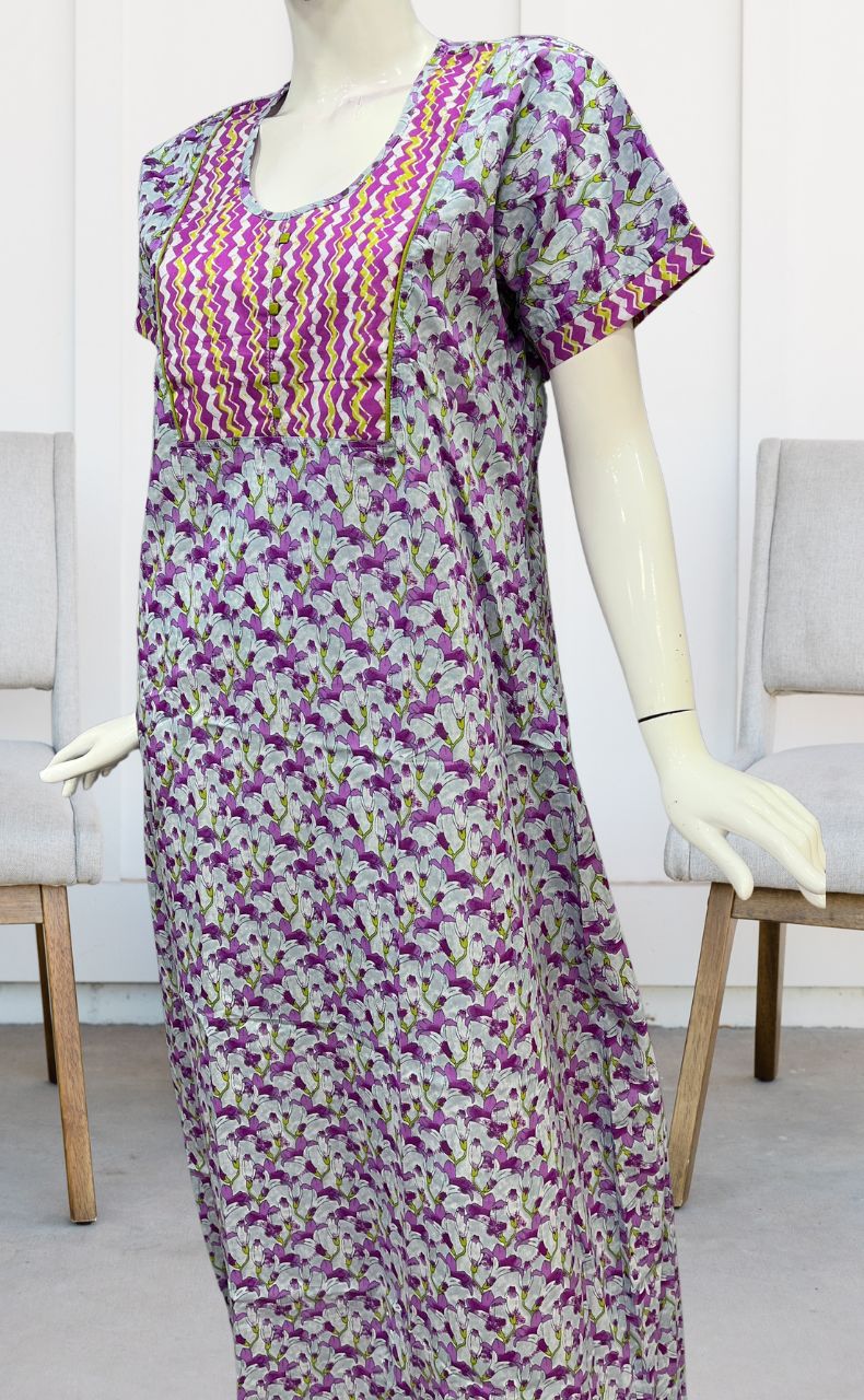 Light Blue/Purple Floral Pure Cotton Nighty. Pure Durable Cotton | Laces and Frills - Laces and Frills
