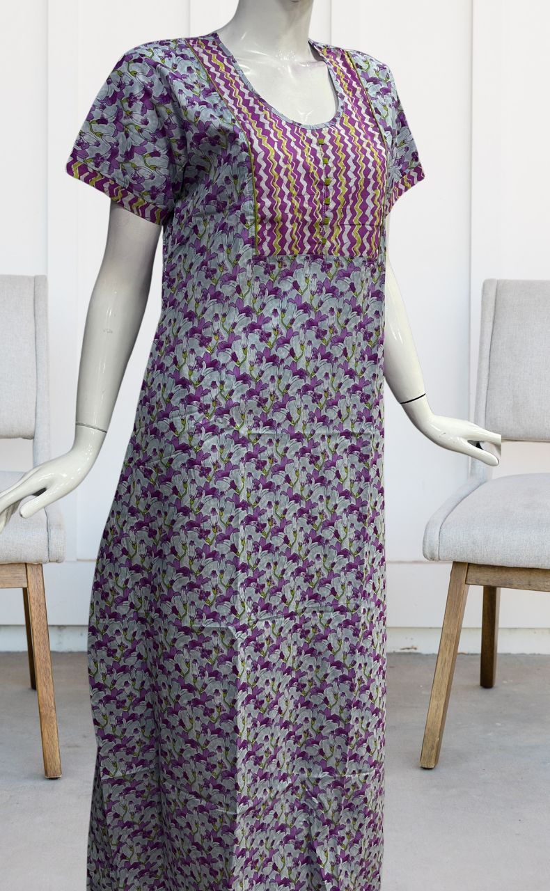 Light Blue/Purple Floral Pure Cotton Nighty. Pure Durable Cotton | Laces and Frills - Laces and Frills