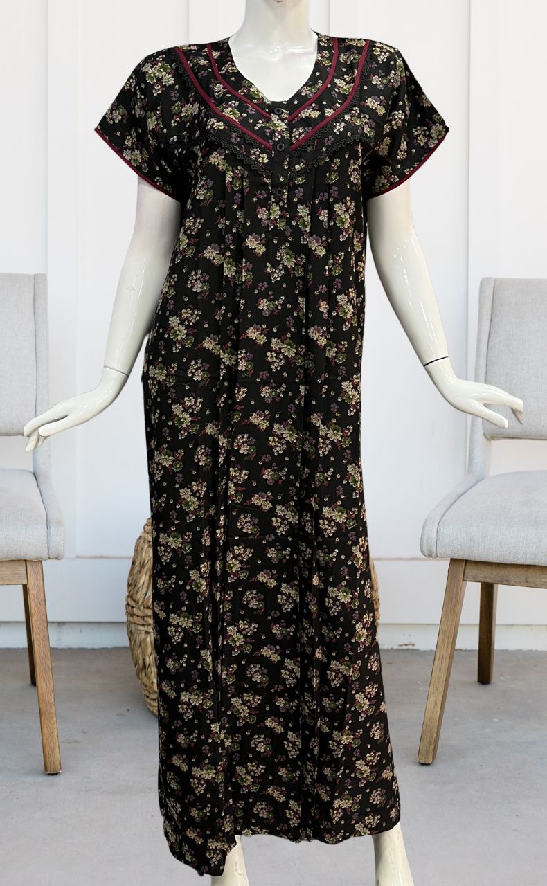 Black/Maroon Garden Spun Nighty. Flowy Spun Fabric | Laces and Frills - Laces and Frills