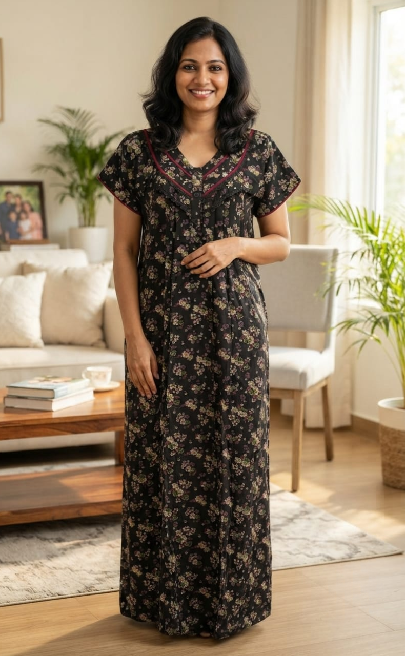 Black/Maroon Garden Spun Nighty. Flowy Spun Fabric | Laces and Frills